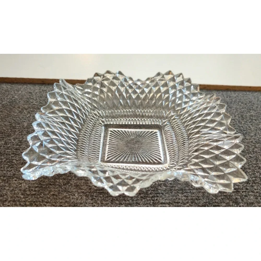 Vtg Clear Glass Imperial Diamond Point Ruffled Edge Candy Dish 7